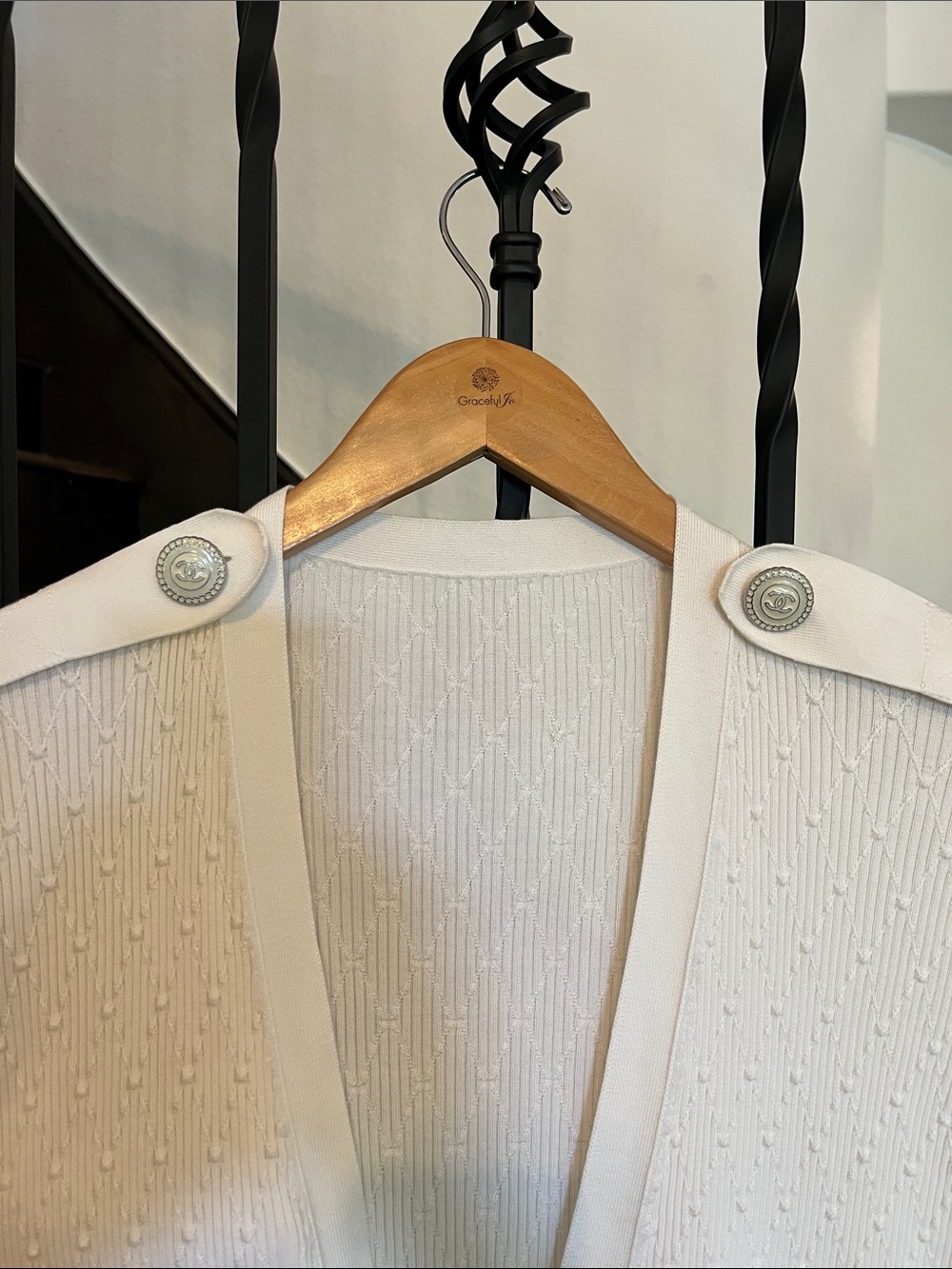 CHANEL Cream/White Button-Accent Knit Sweater